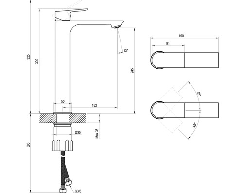 Technický výkres umývadlovej batérie s vysokým výtokom a detailnými rozmermi v milimetroch.