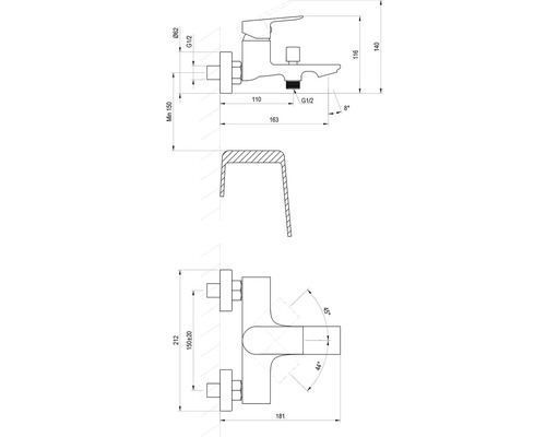 Technický výkres vaňovej batérie s rozmermi v milimetroch pre vyloženie, šírku a montáž.