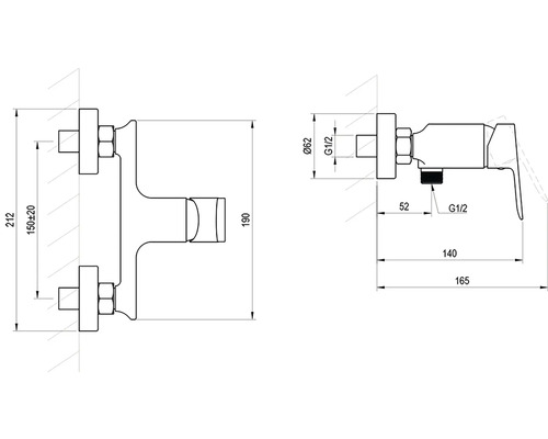 Technický výkres jednopákovej sprchovej batérie na nástennú montáž, rozmery v milimetroch, rozstup 150 milimetrov.