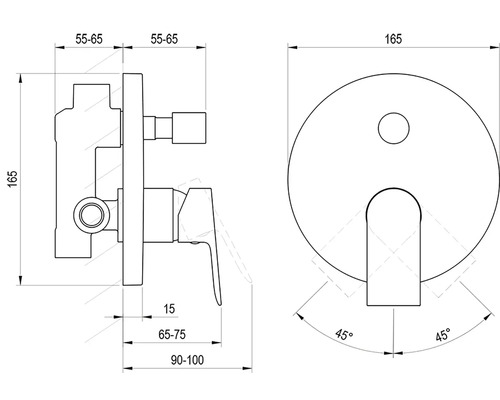 Technický výkres podomietkovej armatúry s rozmermi v milimetroch. Predný a bočný pohľad s rozsahom otáčania 45 stupňov.