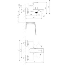 Technický výkres vaňovej batérie s rozmermi. Vyloženie 163 milimetrov, rozstup 150 plus mínus 20 milimetrov.