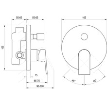 Technický výkres podomietkovej batérie s rozmermi v milimetroch, priemer 165 milimetrov, rozsah otáčania páky 45 stupňov.