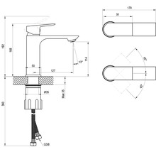Technický výkres umývadlovej batérie v milimetroch: celková výška 192, výška výtoku 114, vyloženie 127, pripojenie G tri osminy.
