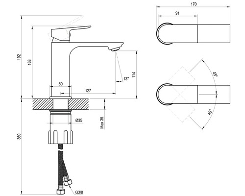 Technický výkres umývadlovej batérie v milimetroch: celková výška 192, výška výtoku 114, vyloženie 127, pripojenie G tri osminy.