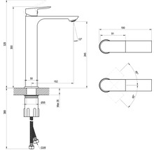 Technický nákres vysokej umývadlovej batérie s rozmermi v milimetroch pre výšku, vyloženie a montáž.