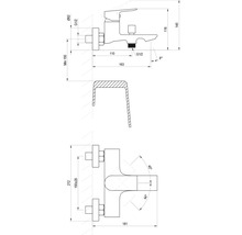 Technický výkres pákovej vaňovej batérie pre nástennú montáž s rozmermi v milimetroch. Bočný a horný pohľad.