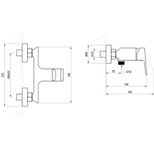 Technický výkres sprchovej batérie s rozmermi v milimetroch: rozstup 150 milimetrov, vyloženie 165 milimetrov, prípojka G 1/2.
