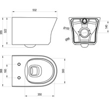 Technický nákres závesného WC s pohľadmi zhora, zboku a zozadu vrátane rozmerov v milimetroch.