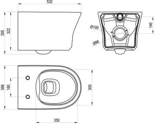 Technický nákres závesného WC s pohľadmi zhora, zboku a zozadu vrátane rozmerov v milimetroch.