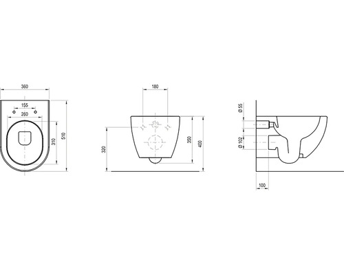 Technický výkres závesného WC s horným, predným a bočným pohľadom vrátane rozmerov v milimetroch.