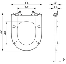 Technický nákres toaletného sedadla s rozmermi: šírka 368 milimetrov, dĺžka 452 milimetrov, rozstup otvorov 220 milimetrov.