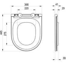 Technický výkres WC sedadla v pohľade zhora a zboku s rozmermi 368 milimetrov na šírku a 445 milimetrov na dĺžku.