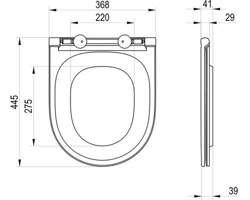Technický výkres WC sedadla v pohľade zhora a zboku s rozmermi 368 milimetrov na šírku a 445 milimetrov na dĺžku.