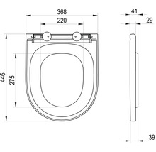 Technický výkres toaletného sedadla s rozmermi v milimetroch.