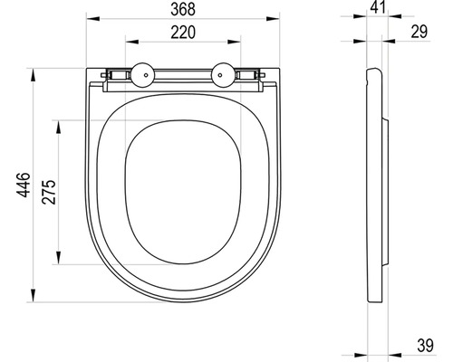 Technický výkres toaletného sedadla s rozmermi v milimetroch.