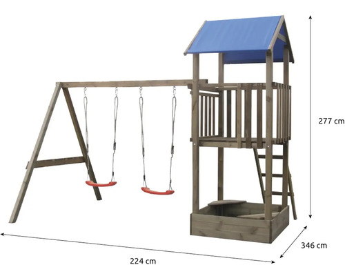 Drevená hracia zostava s dvojitou hojdačkou, rebríkom, plošinou so strieškou a pieskoviskom. Rozmery: 224 krát 346 krát 277 centimetrov.