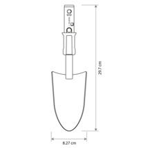 Technický nákres sadzacej lopatky s dĺžkou 29,7 centimetra a šírkou 8,27 centimetra.