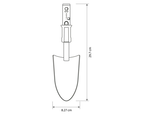 Technický nákres sadzacej lopatky s dĺžkou 29,7 centimetra a šírkou 8,27 centimetra.