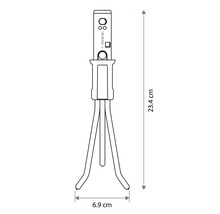 Technický nákres ručného kultivátora s rozmermi: výška 23,4 centimetra a šírka 6,9 centimetra.