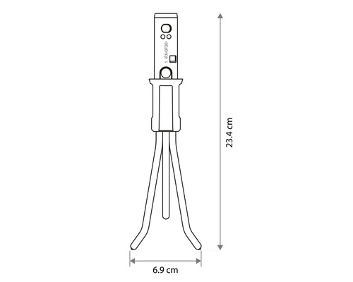 Technický nákres ručného kultivátora s rozmermi: výška 23,4 centimetra a šírka 6,9 centimetra.