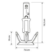 Technický výkres hmoždinky s rozmermi: celková výška 16,3 centimetra, šírka 7,6 centimetra a čiastková výška 19 centimetrov.