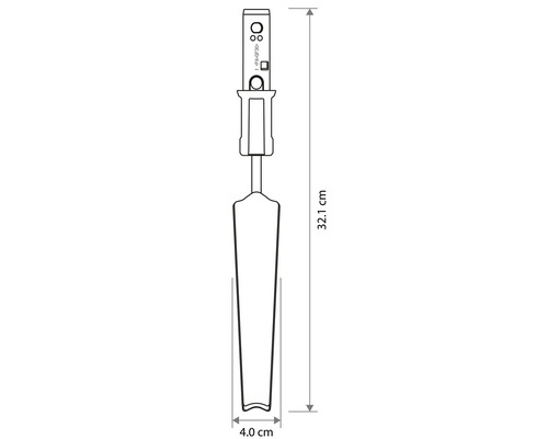 Technický výkres úzkej sadzacej lopatky s celkovou dĺžkou 32,1 centimetra a šírkou 4,0 centimetra.