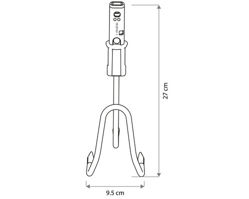 Technický nákres malého kypriča s tromi hrotmi. Výška 27 centimetrov, šírka 9,5 centimetra.