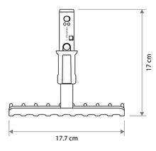 Rozmerový náčrt malých hrablí so šírkou 17.7 centimetrov a výškou 17 centimetrov.