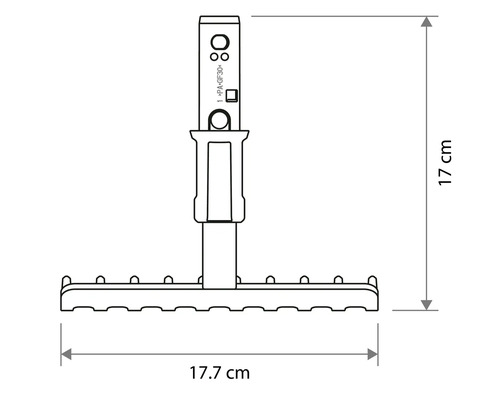 Rozmerový náčrt malých hrablí so šírkou 17.7 centimetrov a výškou 17 centimetrov.