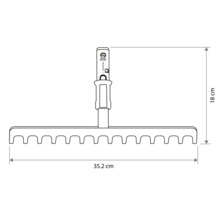 Technický nákres hlavy hrablí so šírkou 35,2 centimetrov a výškou 18 centimetrov.