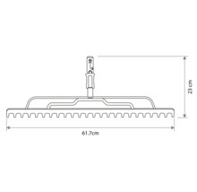Technický nákres hlavy hrablí s rozmermi 61,7 centimetra na šírku a 23 centimetrov na výšku.