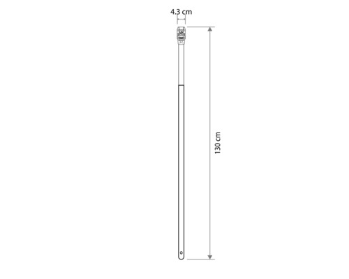 Technický výkres násady s rozmermi: dĺžka 130 centimetrov, šírka hore 4,3 centimetra.
