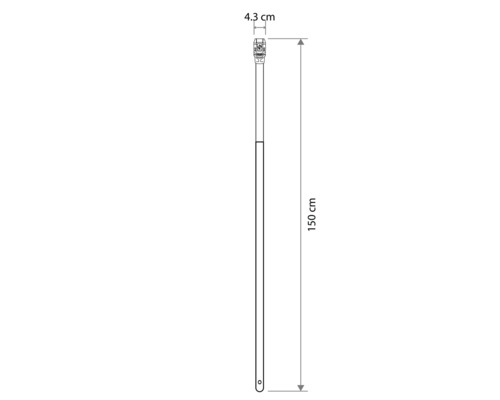 Technický výkres násady na náradie s celkovou dĺžkou 150 centimetrov a hornou šírkou 4,3 centimetra.