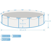 Diagram kruhového bazéna s konštrukciou a rozmermi: celková výška 91 centimetrov, priemer 305 centimetrov a výška hladiny vody 75 centimetrov.