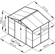 Technický nákres záhradného domčeka s vonkajšími rozmermi 267 krát 181 centimetrov a výškou hrebeňa 198 centimetrov.
