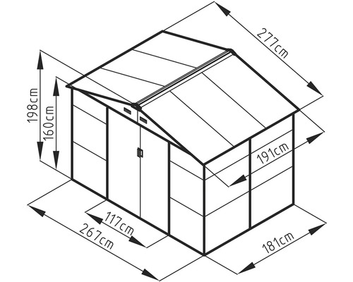 Technický nákres záhradného domčeka s vonkajšími rozmermi 267 krát 181 centimetrov a výškou hrebeňa 198 centimetrov.