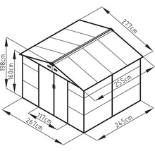 Technický nákres záhradného domčeka s rozmermi v centimetroch: šírka 267, hĺbka 277, výška 198, výška steny 160, šírka dverí 117.