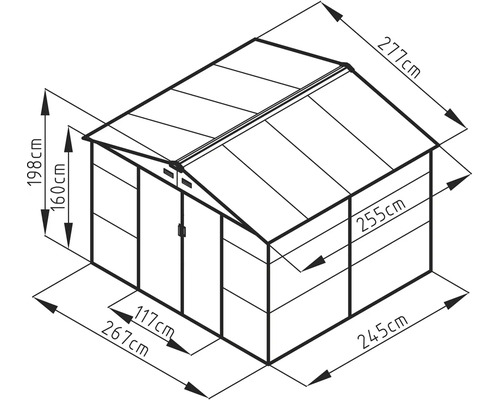 Technický nákres záhradného domčeka s rozmermi v centimetroch: šírka 267, hĺbka 277, výška 198, výška steny 160, šírka dverí 117.