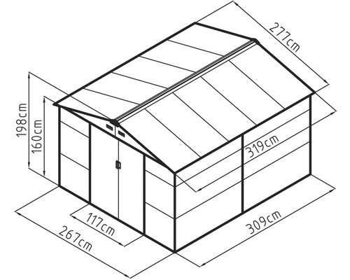 Technický nákres záhradného domčeka s rozmermi: šírka 267 centimetrov, hĺbka 309 centimetrov a celková výška 198 centimetrov.