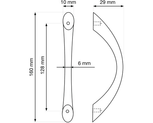 Technický nákres nábytkovej úchytky s rozmermi: celková dĺžka 160 milimetrov, rozstup otvorov 128 milimetrov, hĺbka 29 milimetrov.