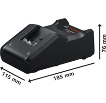 Nabíjačka Bosch Professional s rozmermi: dĺžka 185 milimetrov, šírka 115 milimetrov, výška 76 milimetrov.
