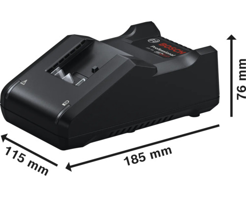 Nabíjačka Bosch Professional s rozmermi: dĺžka 185 milimetrov, šírka 115 milimetrov, výška 76 milimetrov.