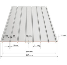Profilovaný plech s rozmermi: celková šírka 910 milimetrov, krycia šírka 847 milimetrov, výška 12 milimetrov a rozstup 121 milimetrov.