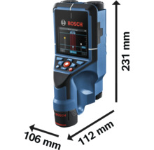 Detektor Bosch s rozmermi výška 231 milimetrov, šírka 106 milimetrov a hĺbka 112 milimetrov.