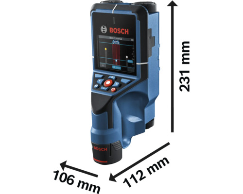 Detektor Bosch s rozmermi výška 231 milimetrov, šírka 106 milimetrov a hĺbka 112 milimetrov.