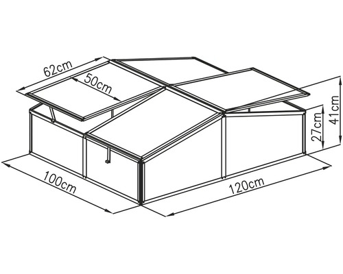 Technický nákres pareniska s rozmermi: dĺžka 120 centimetrov, šírka 100 centimetrov a výška 27 až 41 centimetrov.