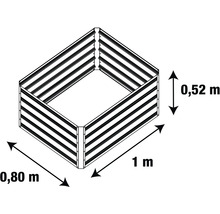 Kovový vyvýšený záhon s rozmermi 1 meter dĺžky, 0,80 metra šírky a 0,52 metra výšky.