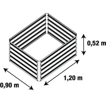 Nákres obdĺžnikového vyvýšeného záhona s rozmermi 1,20 metra šírka, 0,90 metra hĺbka a 0,52 metra výška.