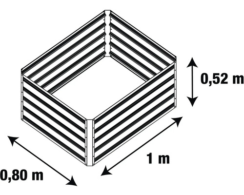 Kovový vyvýšený záhon s rozmermi 1 meter dĺžky, 0,80 metra šírky a 0,52 metra výšky.