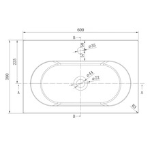 Technický výkres obdĺžnikového umývadla v pohľade zhora s rozmermi 600 na 380 milimetrov a detailmi otvorov.